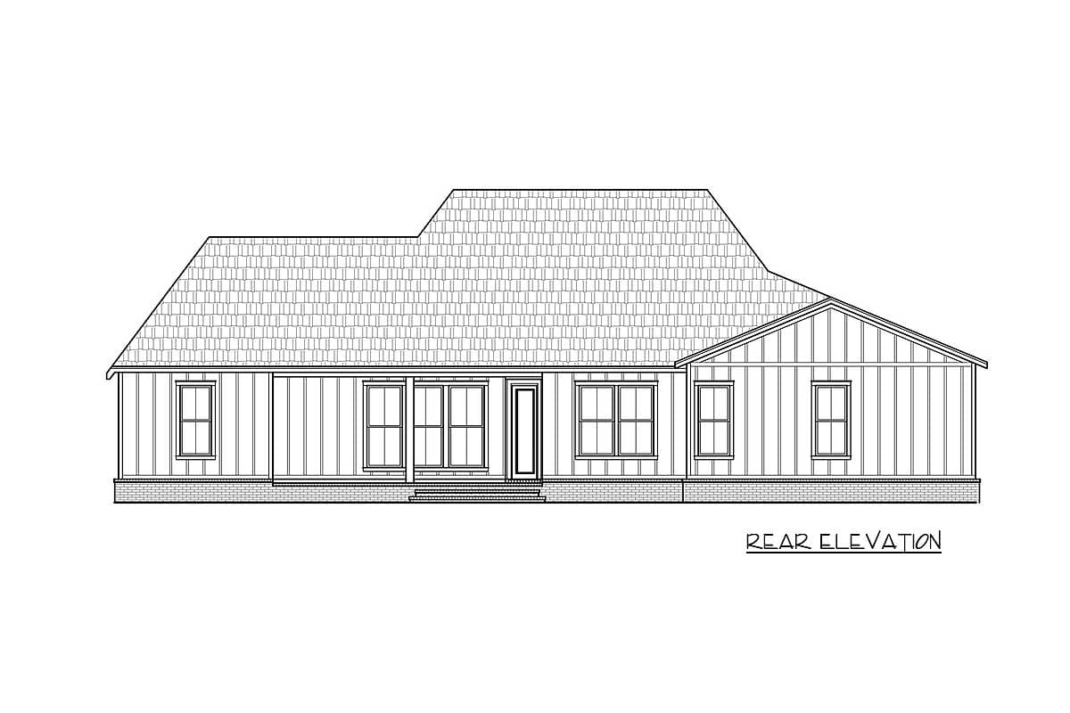 Rear elevation house plan with a single story, gabled roof, covered porch, and board-and-batten siding.