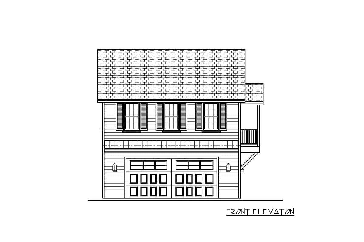 Front elevation drawing of a two-story house with a double garage, three second-story windows, and a covered balcony.