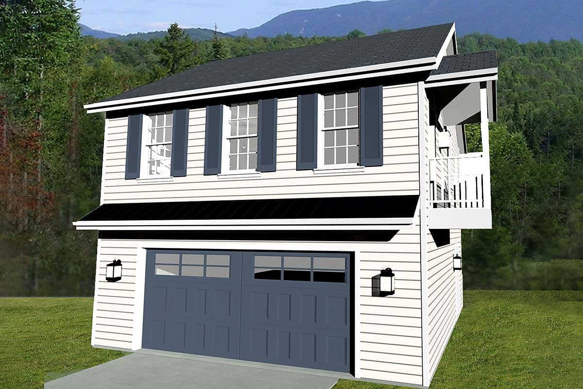 House plan exterior with two stories. Features include a two-car garage, small balcony, and multiple windows with shutters. Gable roof.
