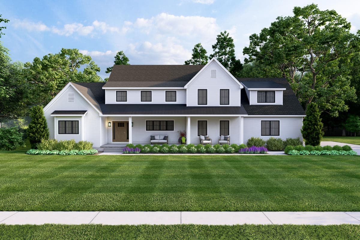 House plan exterior. Two-story Modern Farmhouse with a gabled roof, dormers, and a covered porch. Symmetrical design and a welcoming entryway.