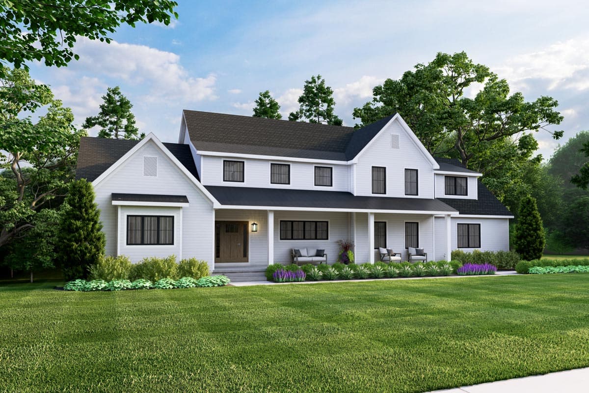 Modern Farmhouse house plan exterior with a full-width porch, multiple gables, and dark-trimmed windows.