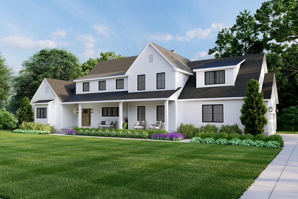 Modern Farmhouse house plan exterior with a wraparound porch, multiple gables, and dormer windows.