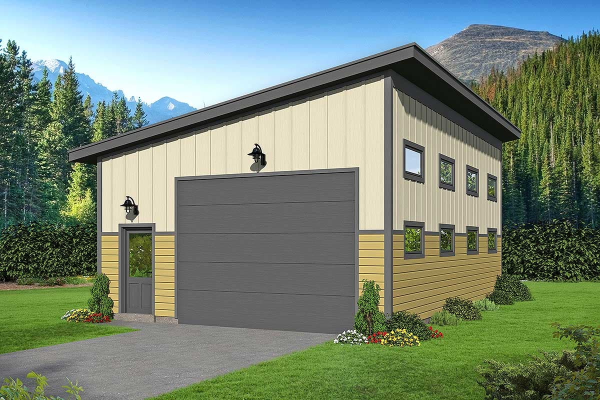 House plan exterior with a single-story, modern style. Features include a side-entry garage, shed roofline, and multiple small square windows.