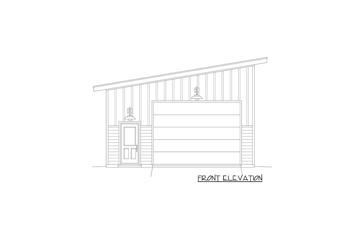 Front elevation drawing of a house plan featuring a single-car garage with a shed roof, vertical siding, and a paneled door.