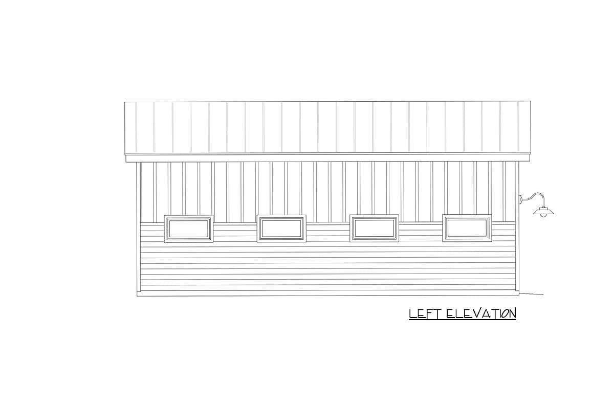 Left elevation drawing of a house plan featuring horizontal siding, a metal roof, and four evenly spaced windows.