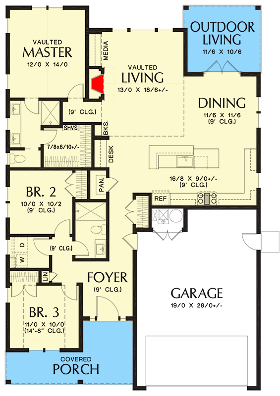Plan 69763AM: 3-Bed New American House Plan with Clustered Bedrooms and a Vaulted Living Room - 1552 Sq Ft - Floor Plan - Main Level - Country, Craftsman, Modern Farmhouse, New American