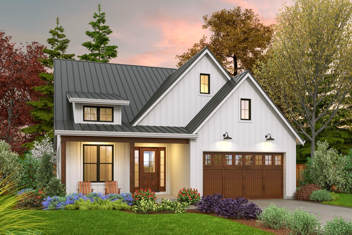 House plan exterior featuring a Modern Farmhouse style with a metal roof, gables, and a garage. Includes a covered porch.