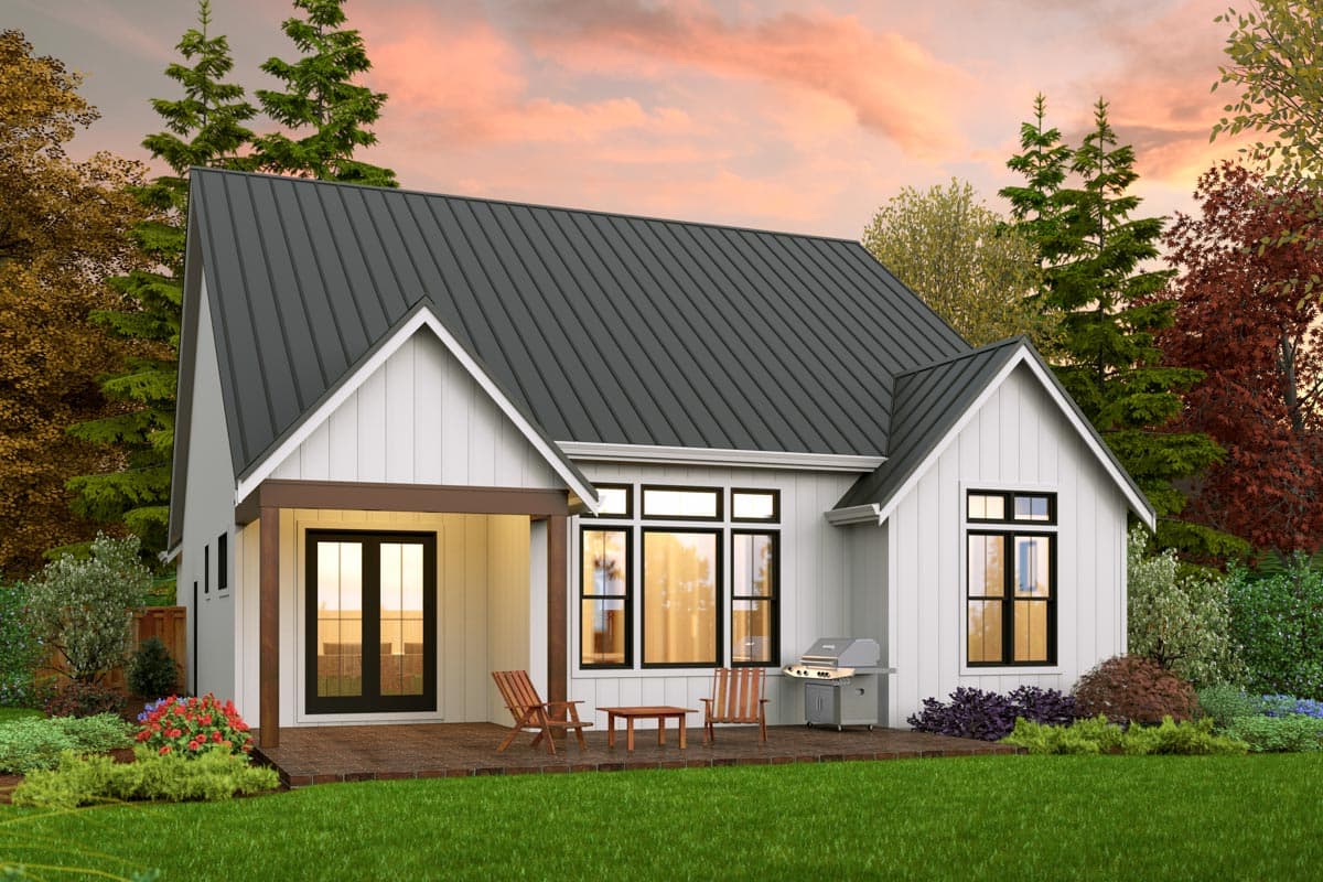 Modern Farmhouse house plan exterior with white board and batten siding, a dark metal gable roof, and a covered porch.