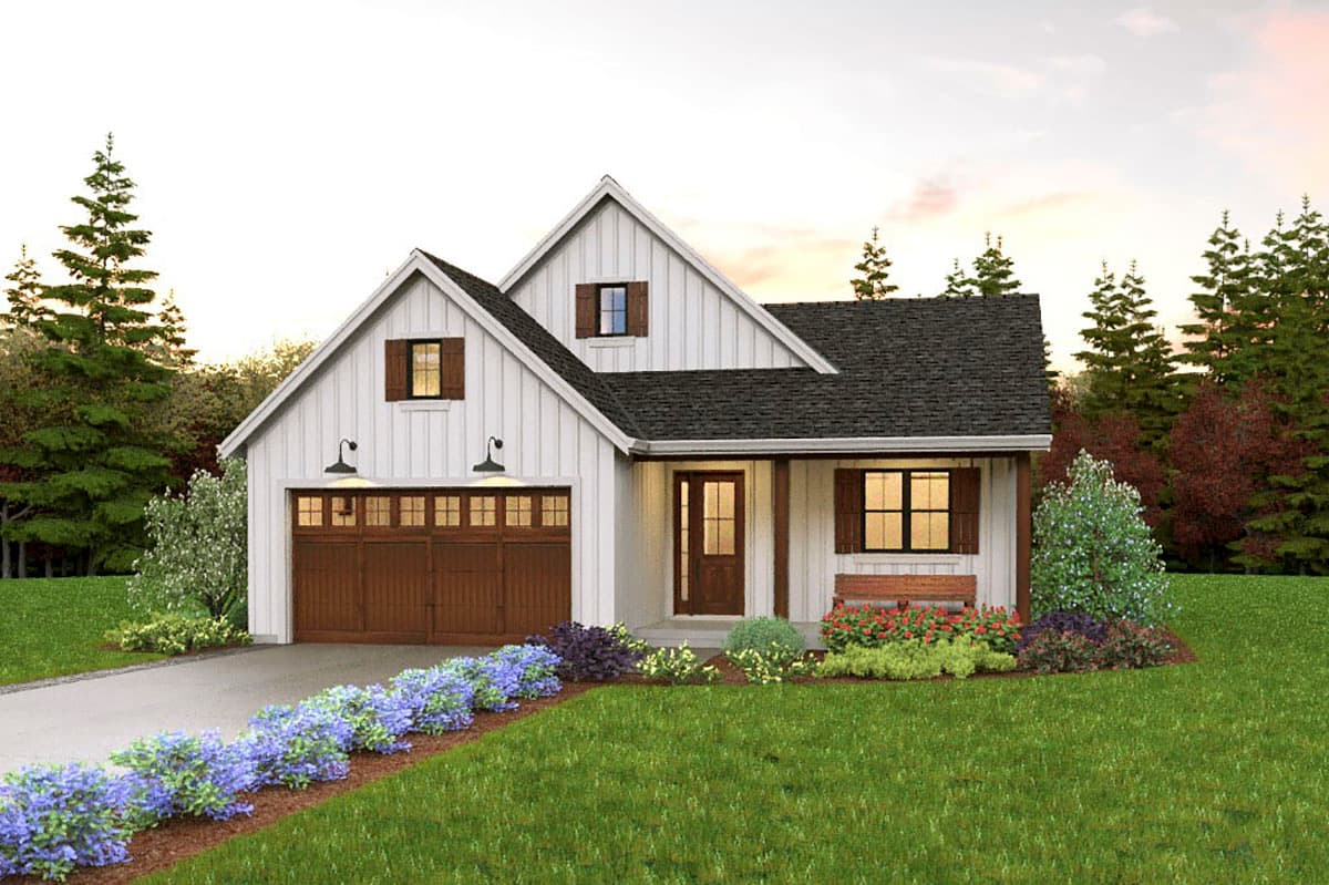 Modern Farmhouse house plan exterior with gable roof, board-and-batten siding, front entry porch, and two-car garage.