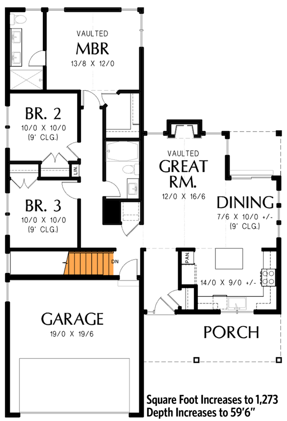 Plan 69764AM: Modern Farmhouse Plan with 3 Clustered Bedrooms and a Vaulted Great Room - 1196 Sq Ft - Floor Plan - Basement Stairs Location - Craftsman, Farmhouse, Modern Farmhouse, New American