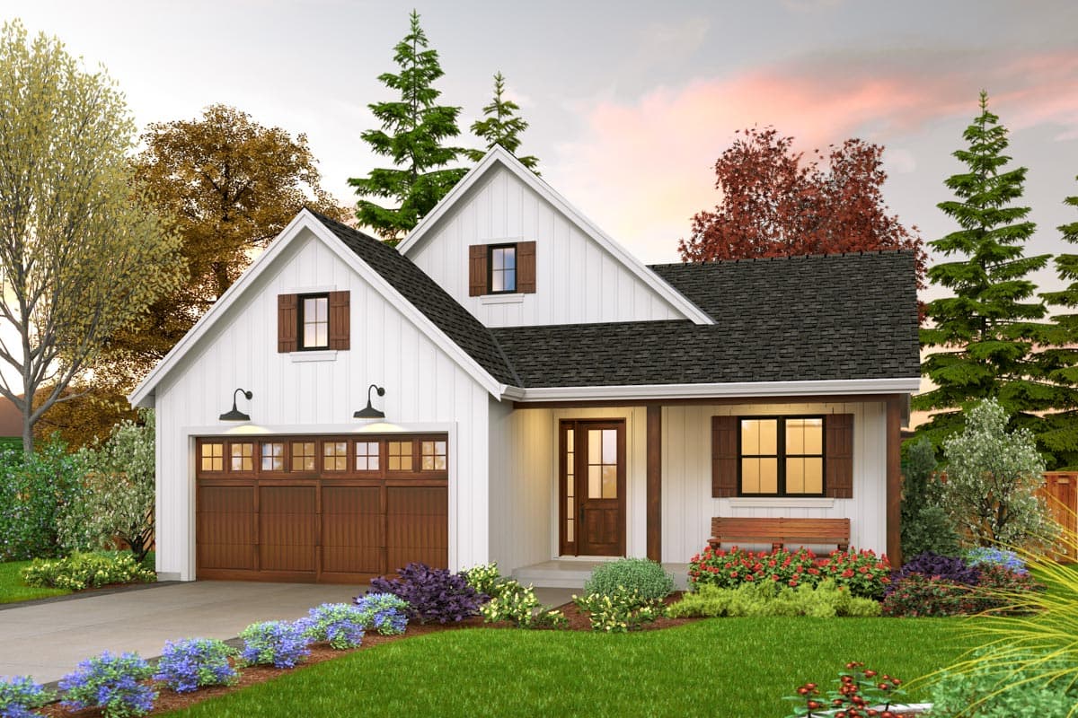 House plan exterior. A one-story Modern Farmhouse with gabled roof, garage, and front porch. Features include wooden shutters and exterior lighting.