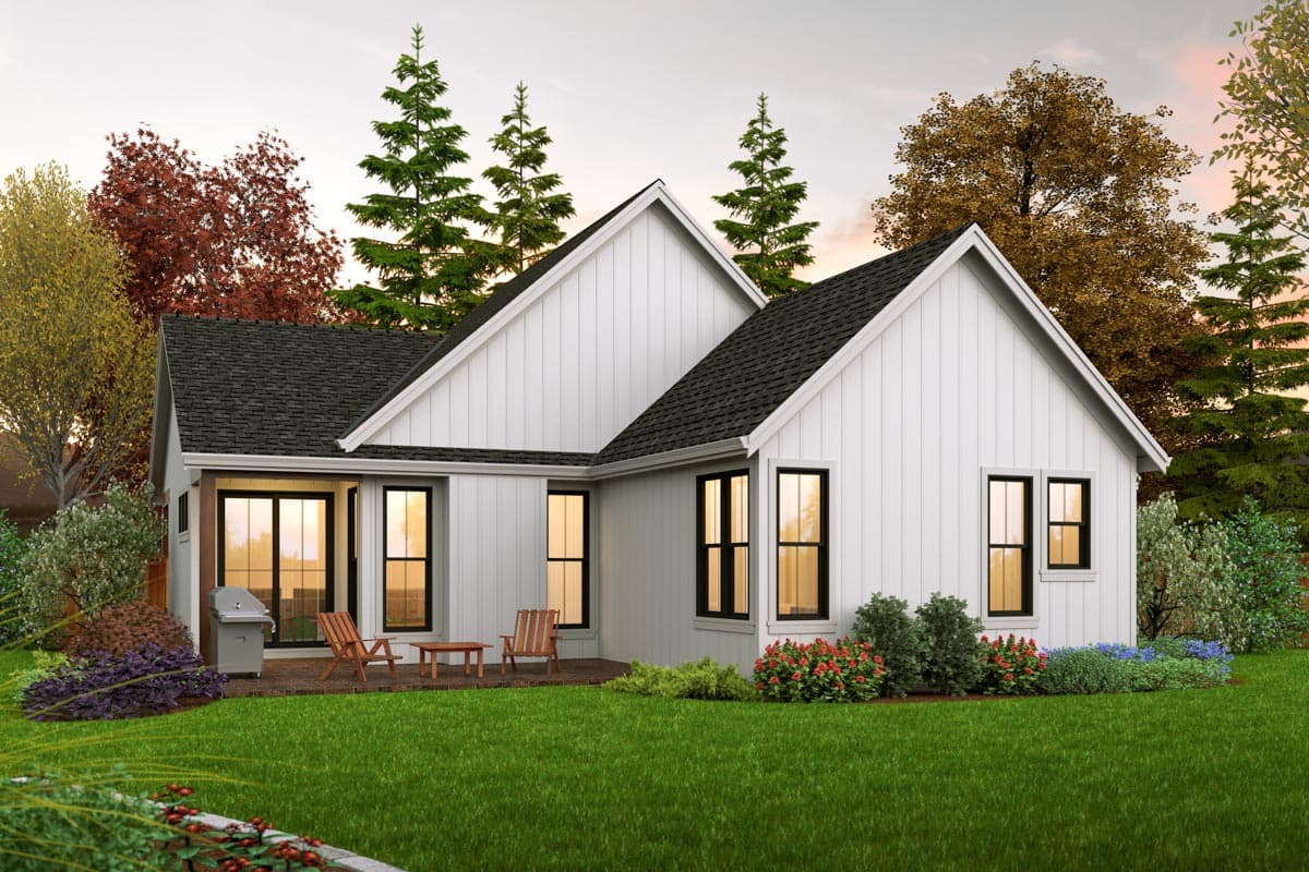 Modern Farmhouse house plan exterior with vertical siding, gabled rooflines, and a covered patio with grill.
