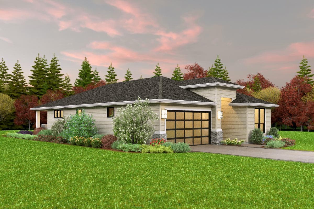 House plan exterior: One-story Modern Ranch with attached two-car garage, hip roof, and transom windows above garage door.