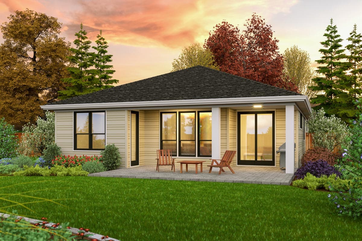 House plan exterior: Single-story home with a hipped roof, horizontal siding, covered patio with seating, and large windows.