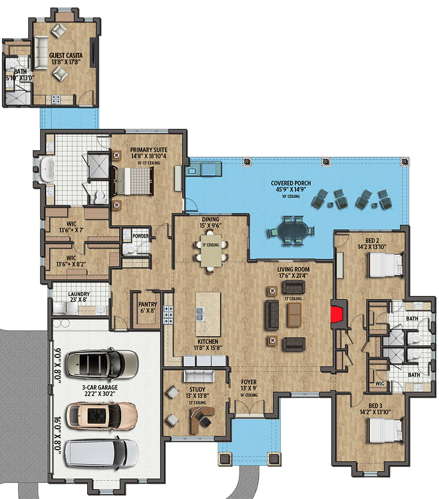 Plan 430066LY: Modern Hill Country House Plan with 3 Bedrooms Plus Casita - 3600 Sq Ft - Floor Plan - Main Level - Contemporary, Hill Country, Prairie, Ranch, Transitional