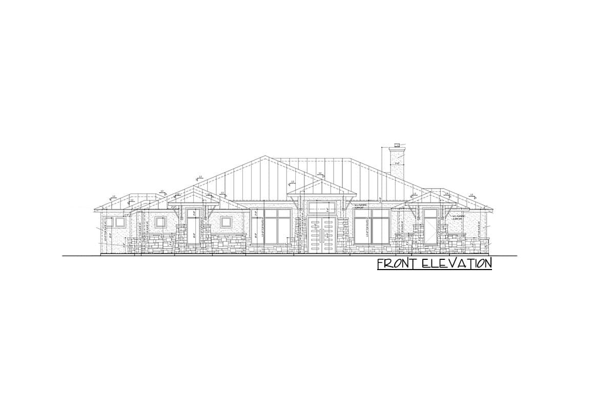 Front elevation drawing of a single-story house plan with a prominent gable roof, stone facade accents, and a central covered entry.