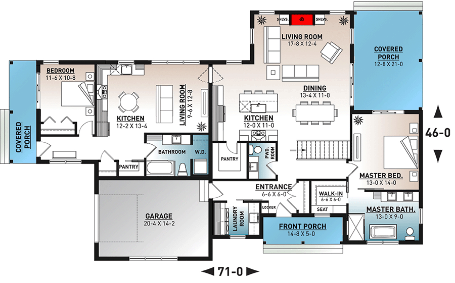 Plan 22587DR: Multi-Generational One-story New American House Plan - Floor Plan - Main Level - New American, Ranch