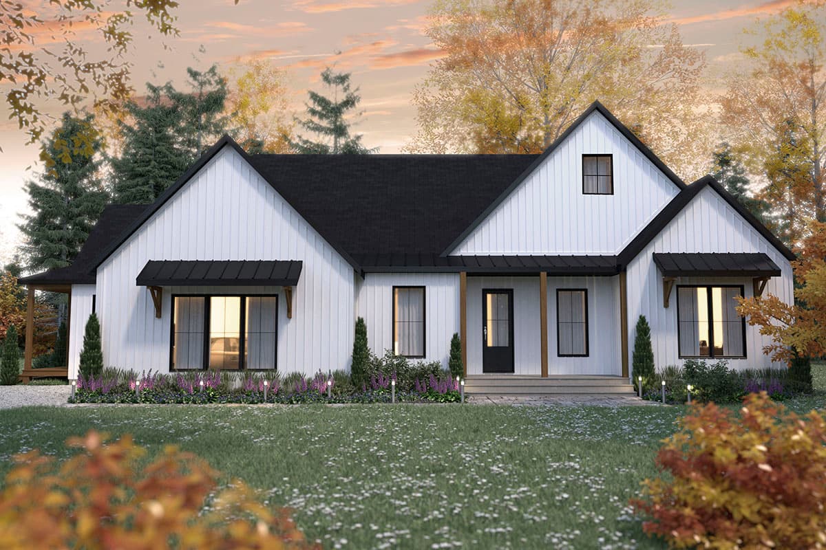 House plan exterior. Modern farmhouse style with gabled roof, black awnings, and a covered porch. Vertical siding and a dark roof.