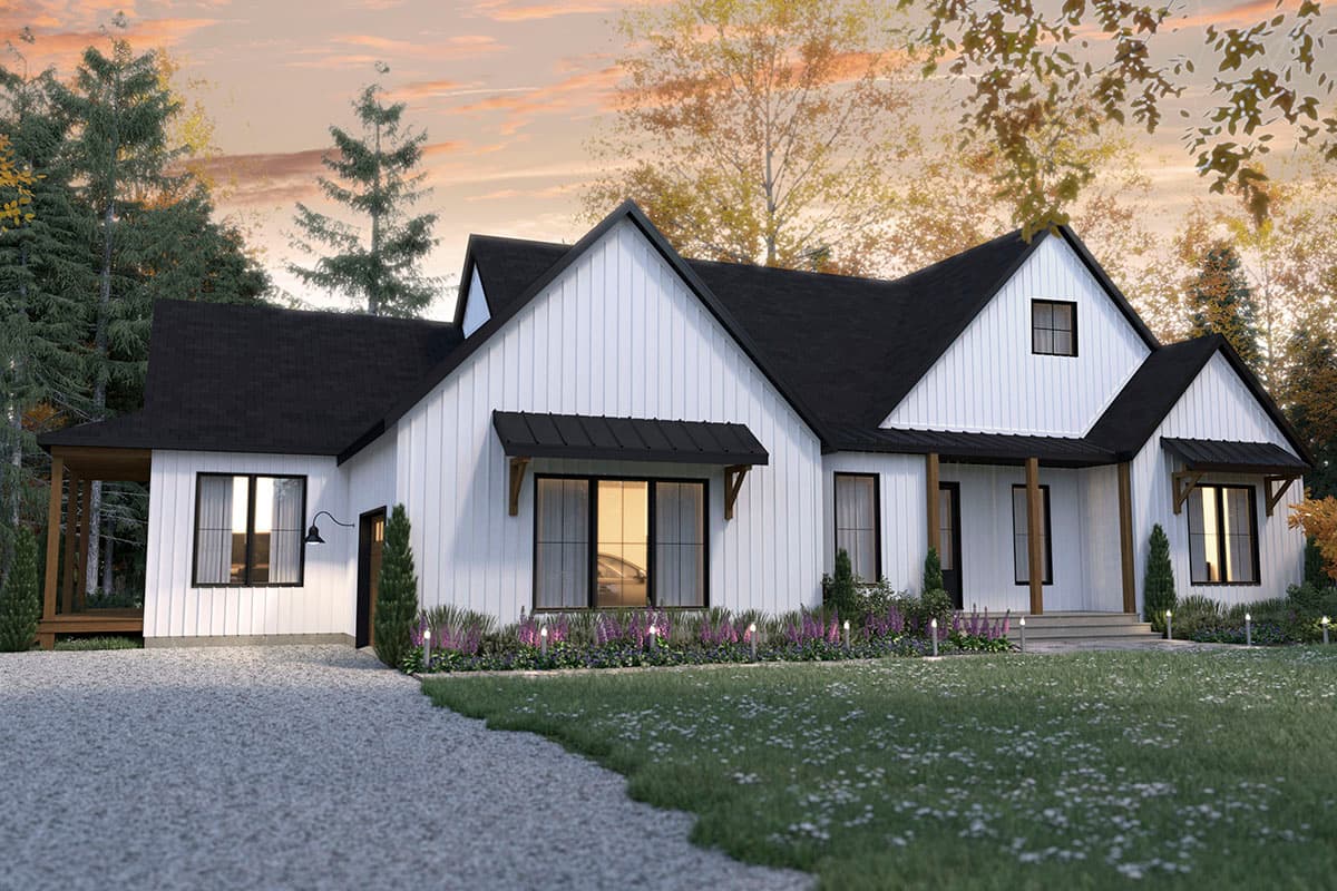 Modern Farmhouse house plan exterior with white vertical siding, black roof, gables, and a covered front porch.