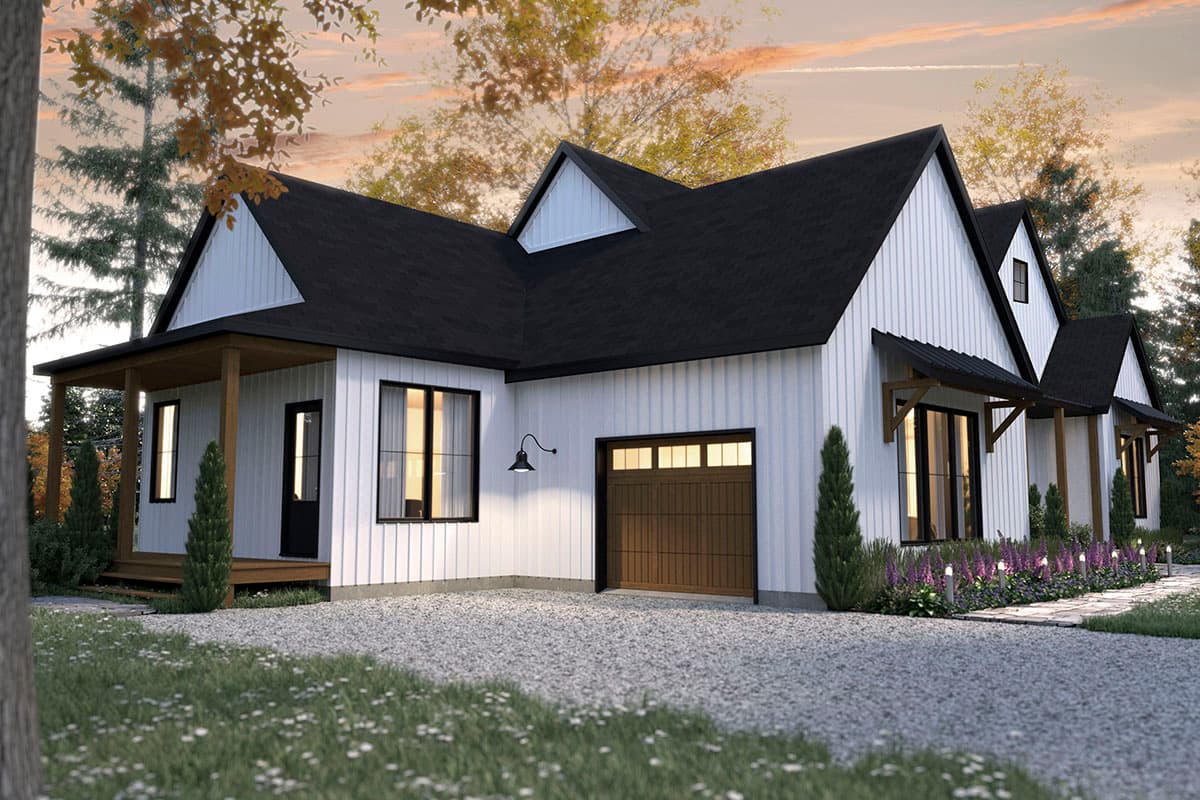 Modern Farmhouse house plan exterior with a covered front porch, gables, and a two-car garage.