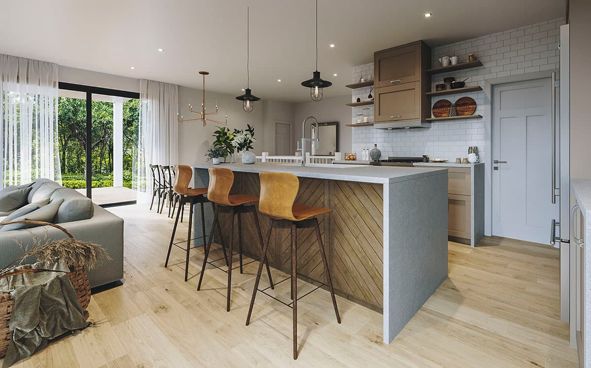 Kitchen with island, seating for four, subway tile backsplash, open shelving, and large windows overlooking a patio.