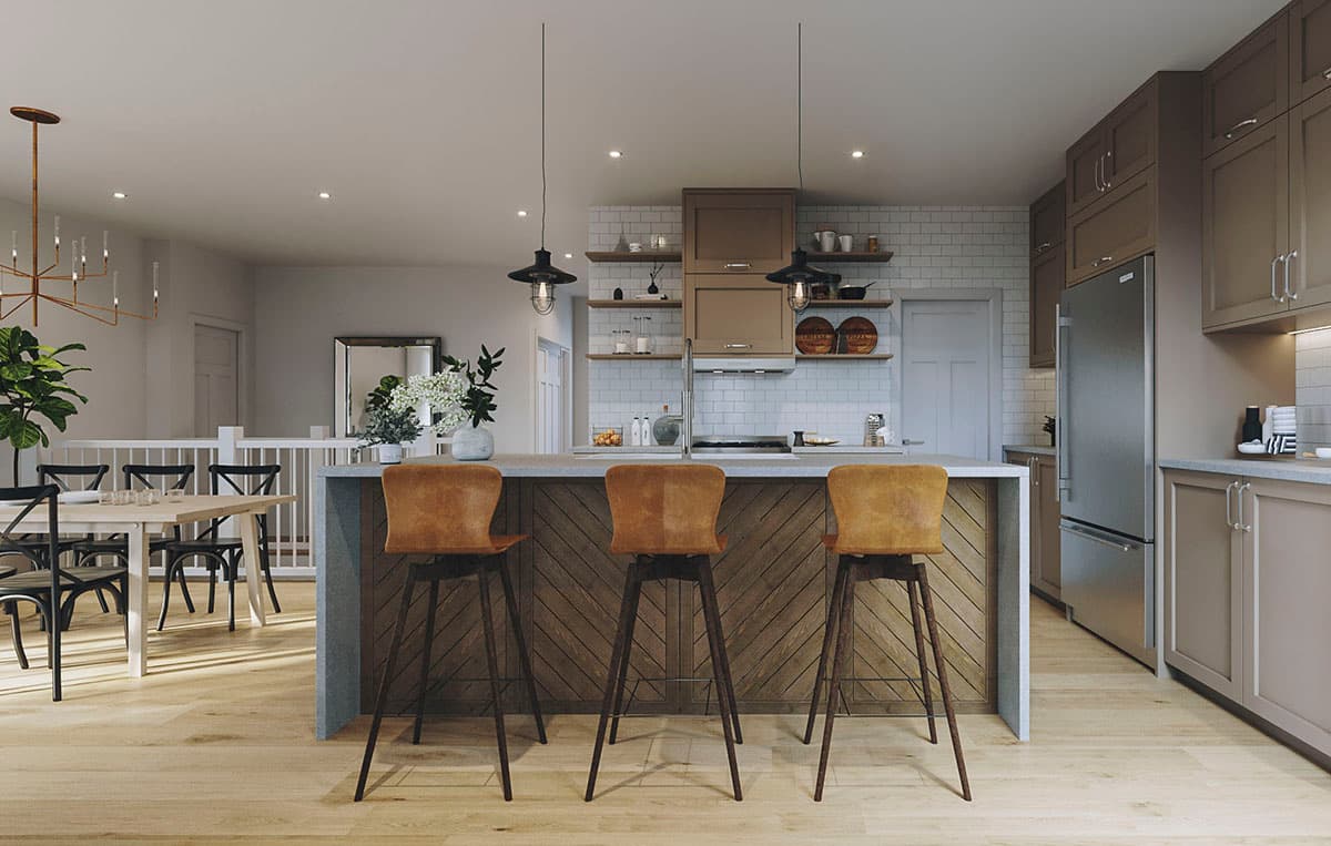 Interior rendering of a kitchen with island, bar stools, dining area, subway tile backsplash, and stainless steel refrigerator.