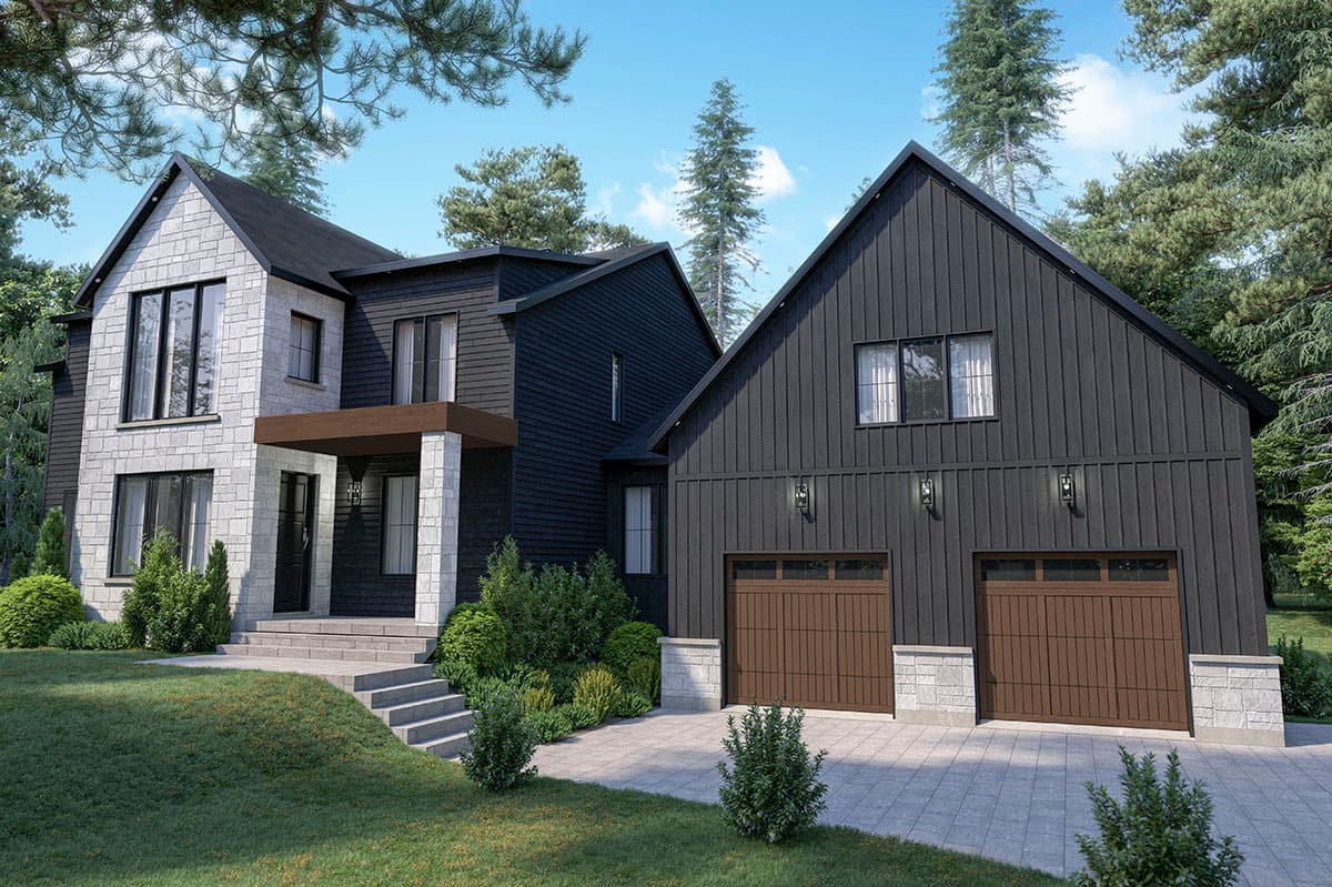 House plan exterior. Two-story modern farmhouse with gabled roof, stone facade, and attached two-car garage. A covered porch is supported by columns.
