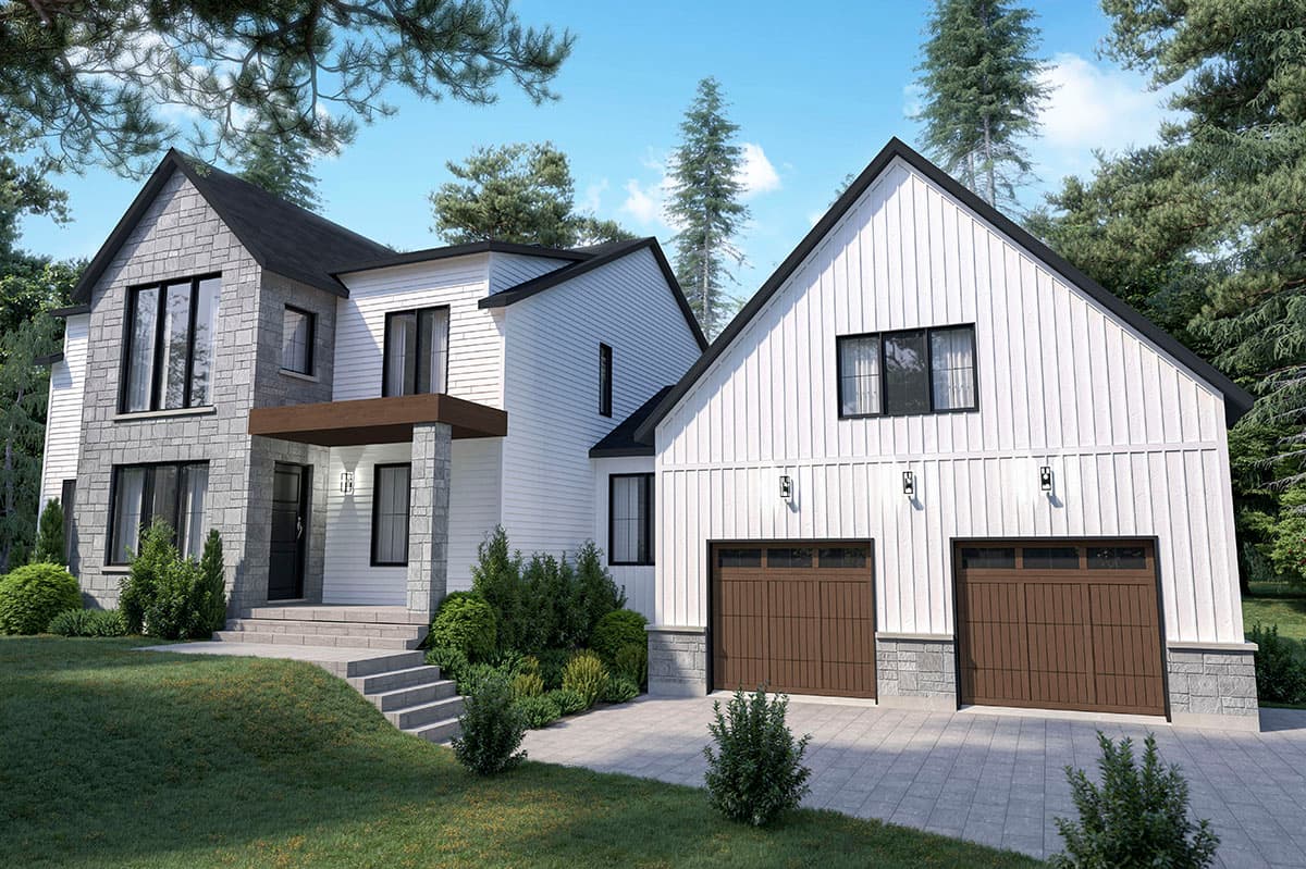 Modern farmhouse house plan exterior with stone accents, two-car garage, and prominent gables.