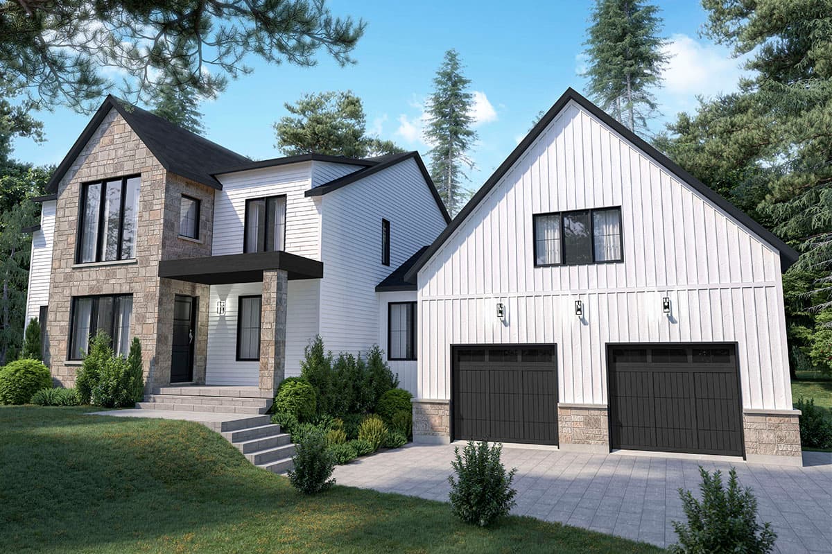 House plan exterior, two-story, Modern Farmhouse style with stone and board-and-batten siding, covered entry, and attached two-car garage.