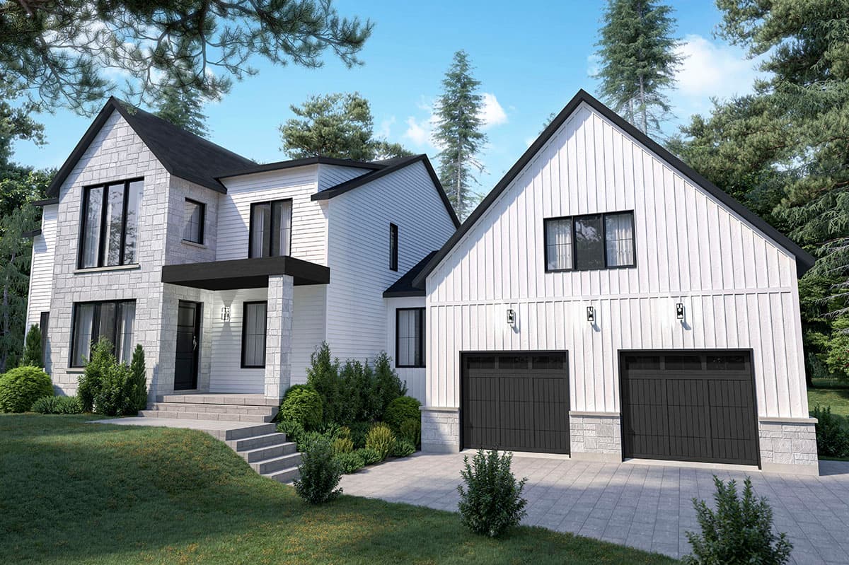 House plan exterior: two-story Modern Farmhouse with stone accents, covered entry, and attached two-car garage.
