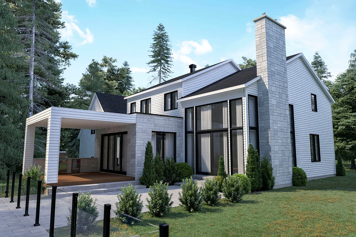 House plan exterior: Modern style, two stories, covered outdoor kitchen, large windows, and stone chimney.