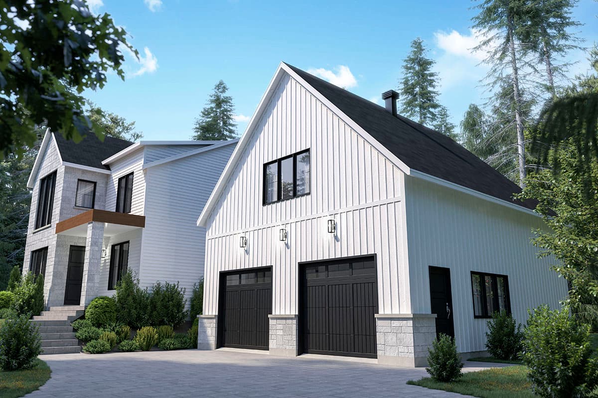 Modern Farmhouse house plan exterior with a two-car garage, white vertical siding, stone accents, and prominent gables.