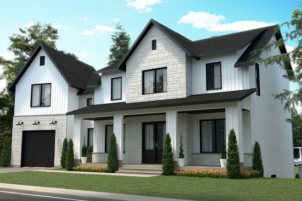 House plan exterior. Two-story Modern Farmhouse with gables, porch, and a side-entry garage. Features include board-and-batten siding and black trim.