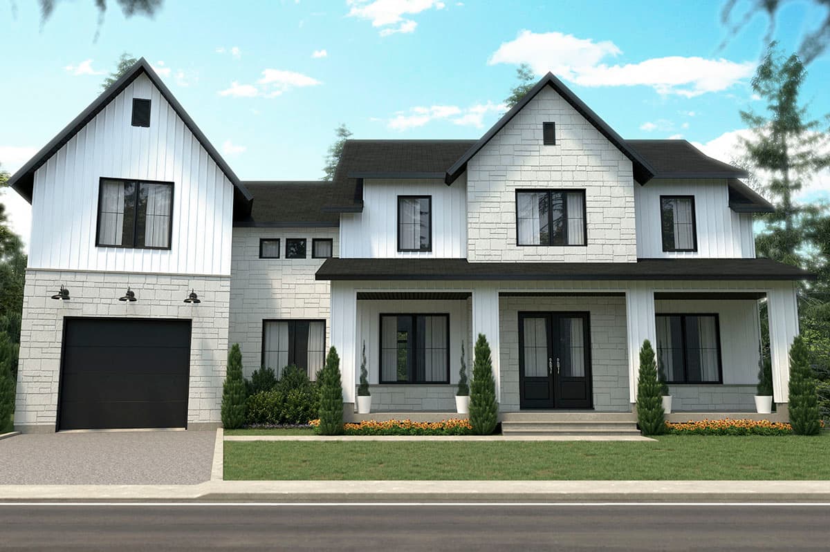 Modern Farmhouse house plan exterior with board and batten siding, stone accents, gables, covered porch, and front-facing garage.