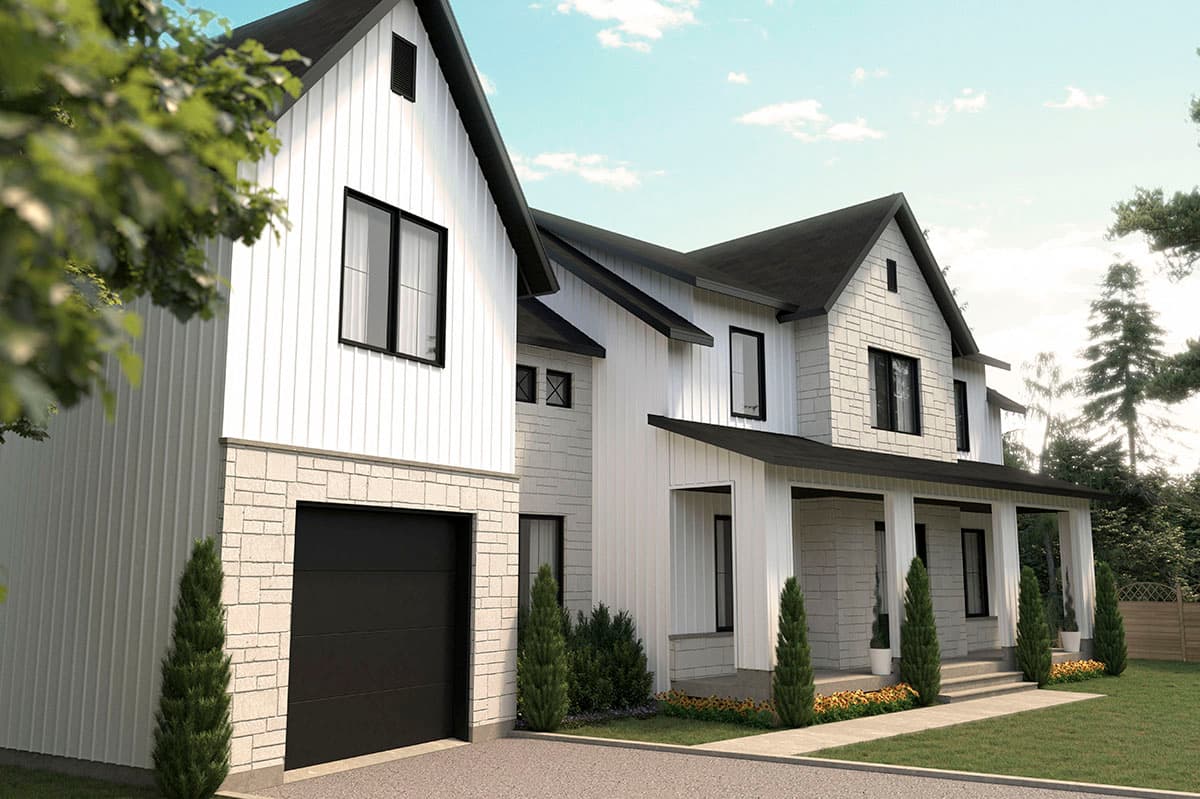 Modern Farmhouse house plan exterior with vertical siding, stone accents, covered porch, and integrated garage.