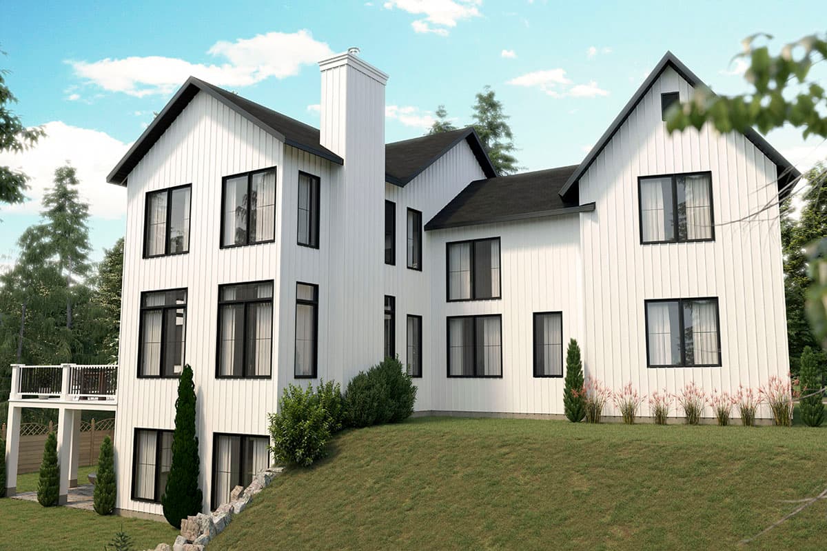 House plan exterior: Modern Farmhouse style, two stories, white vertical siding, gable roofs, tall chimney, and dark-trimmed windows.