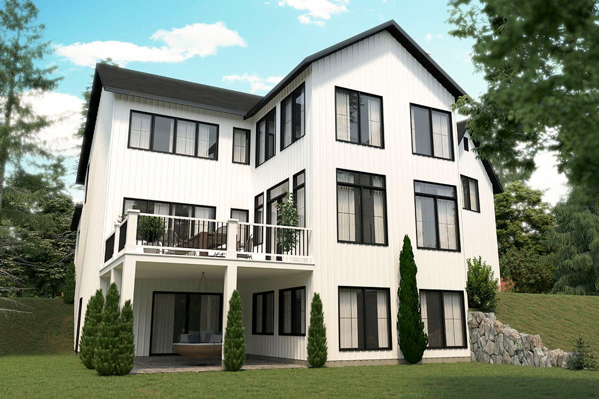 Modern Farmhouse house plan exterior with a white board-and-batten facade, dark-framed windows, and a second-story deck.