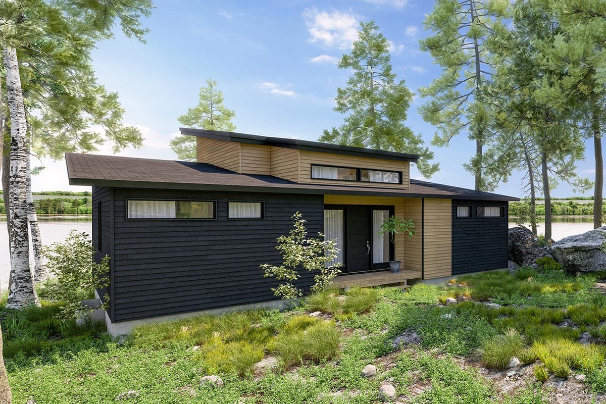 Modern single-story house plan exterior with angled rooflines, horizontal siding, and dark horizontal lap siding.