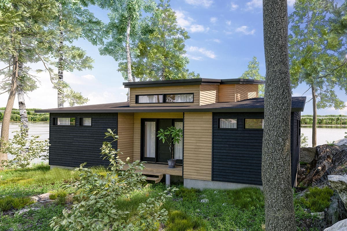 House plan exterior. Modern, one-story house with flat roof. Features include wood siding, recessed entry, and small porch. Set near lake.