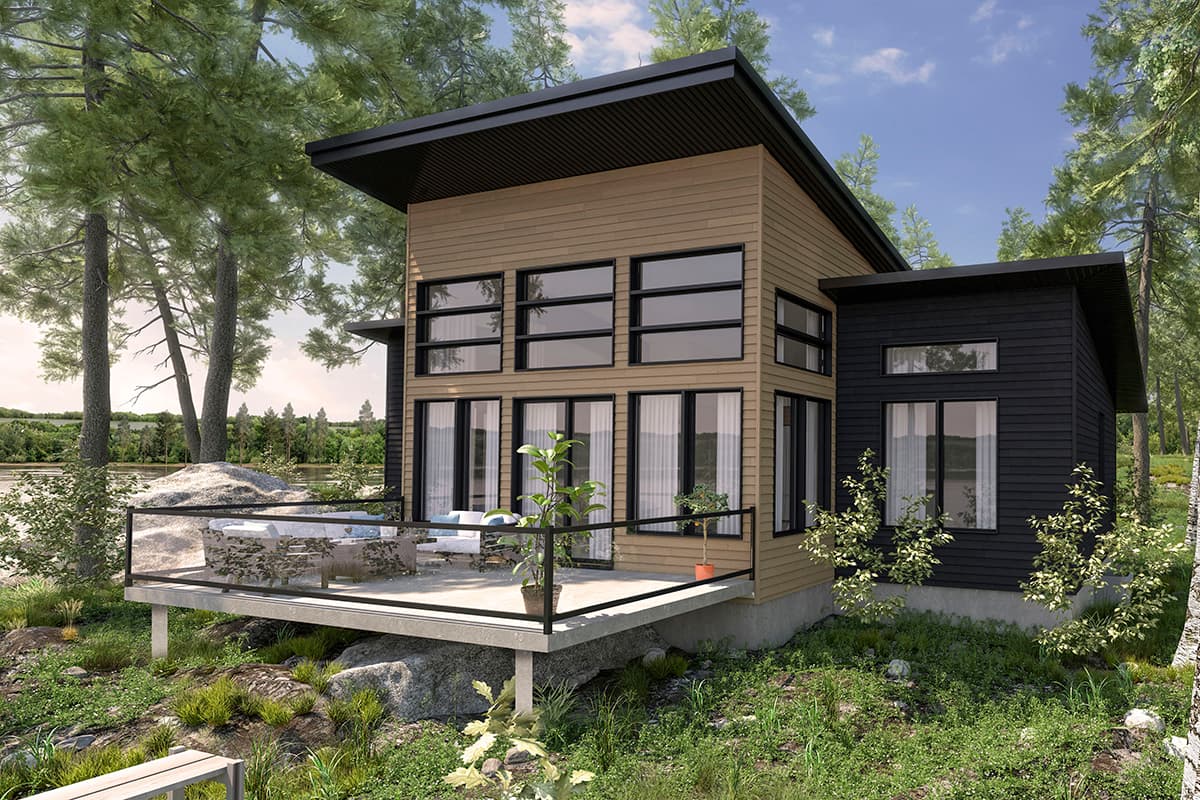 Modern house plan exterior with tan siding, black siding accents, and a flat roof.