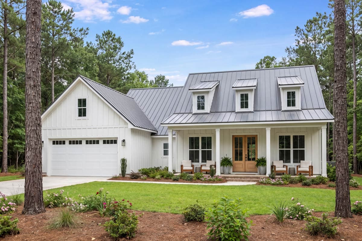 Modern Farmhouse house plan exterior with white board and batten siding, metal roof, front porch, dormers, and attached garage.