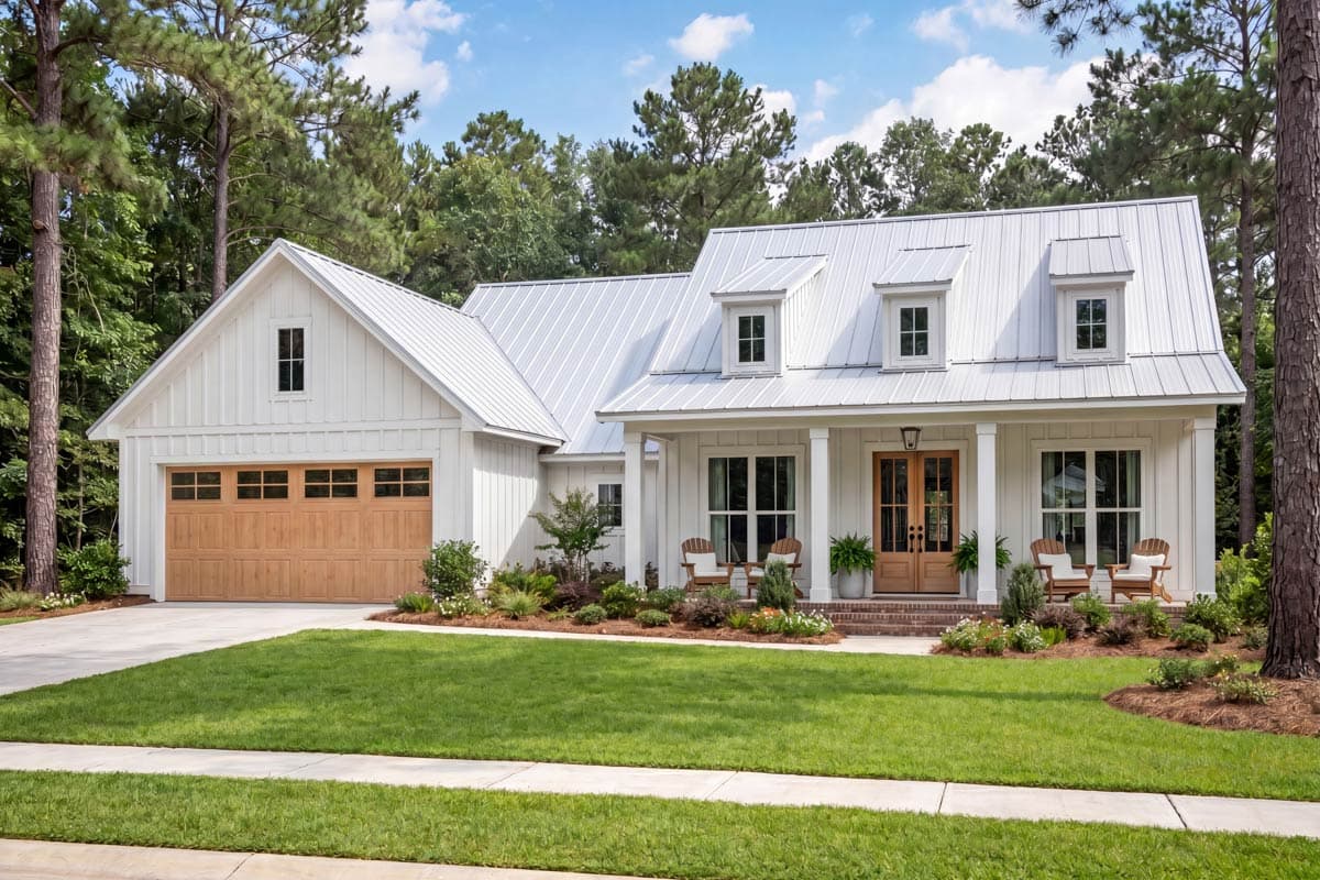 Modern farmhouse exterior with white board-and-batten siding, metal roof, gabled dormers, and wood garage door.