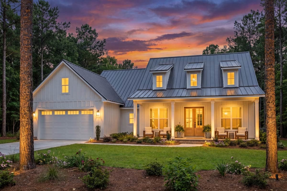 Modern Farmhouse exterior, two stories, with a metal roof, dormers, a covered front porch, and attached garage.