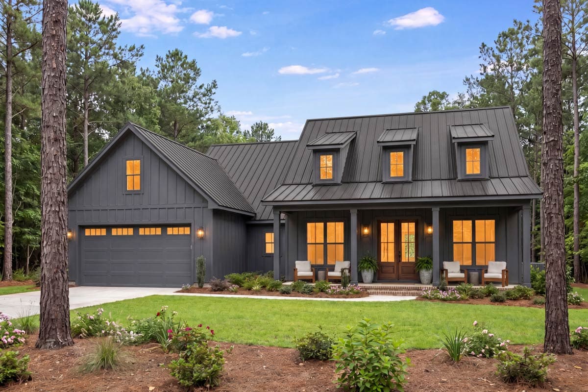 Modern Farmhouse house plan exterior with metal roof, dormers, covered porch, and attached garage.