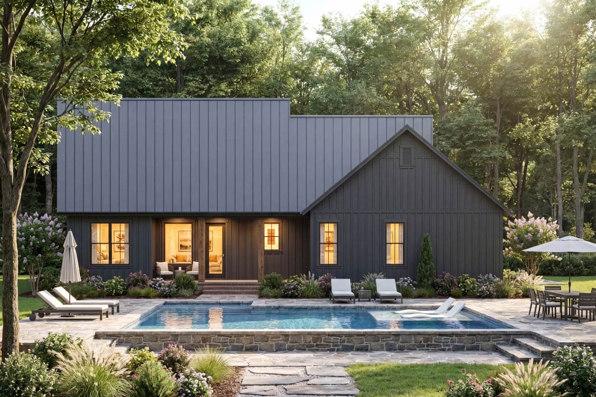 Modern Farmhouse house plan exterior with a metal gable roof, board and batten siding, and a pool.