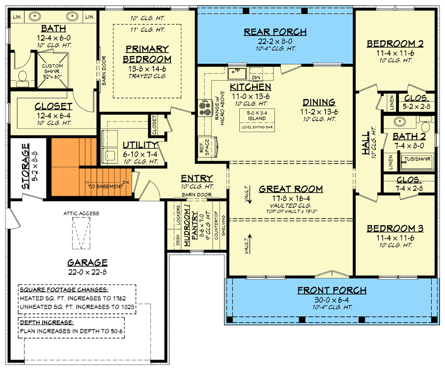 Plan 51850HZ: Budget-friendly 3-Bed Modern Country House Plan with Multi-purpose Pantry - Floor Plan - Basement Stair Location - Cottage, Country, Farmhouse, Modern Farmhouse, New American, Southern