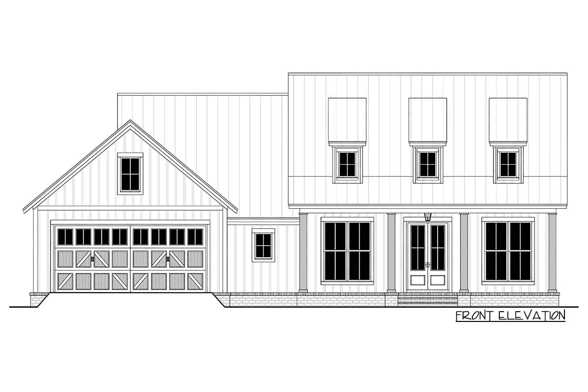 Front elevation house plan with attached garage, covered porch, double entry doors, and dormer windows.