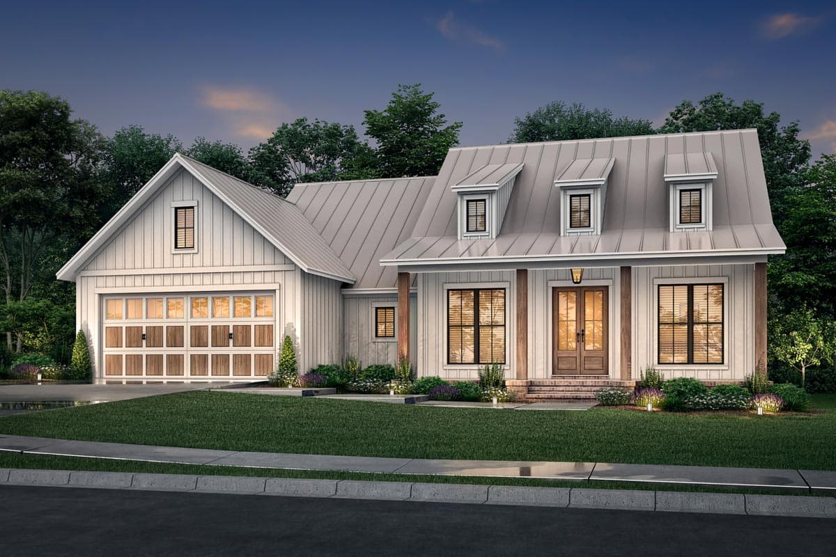 Modern Farmhouse house plan exterior with metal roof, attached garage, dormers, and covered entry porch.