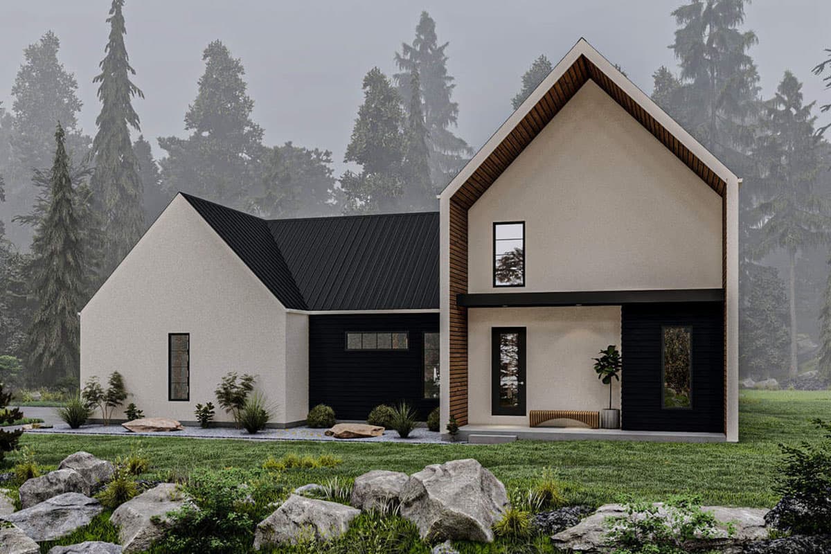 Modern house plan exterior with gabled rooflines, stucco and dark siding, and a covered entrance.