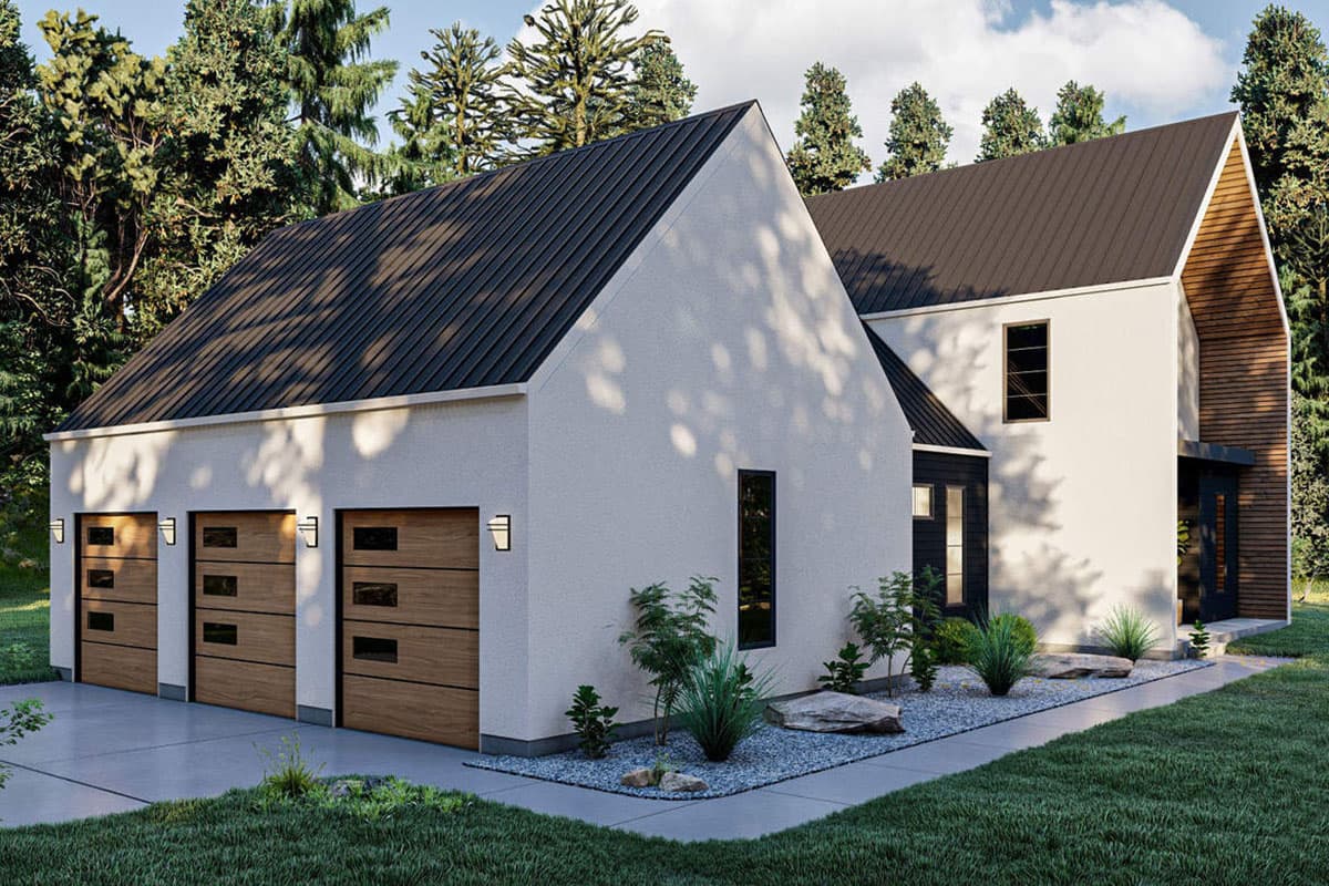 Modern house plan exterior with three garage doors, metal roof, and wood and white stucco siding.